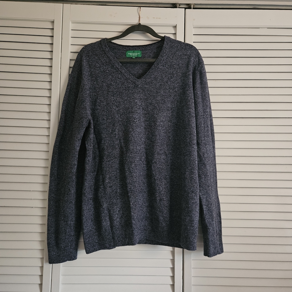 Emerald Style Irish Men's 100% Merino Wool V-Neck Sweater XXL Indigo Marl